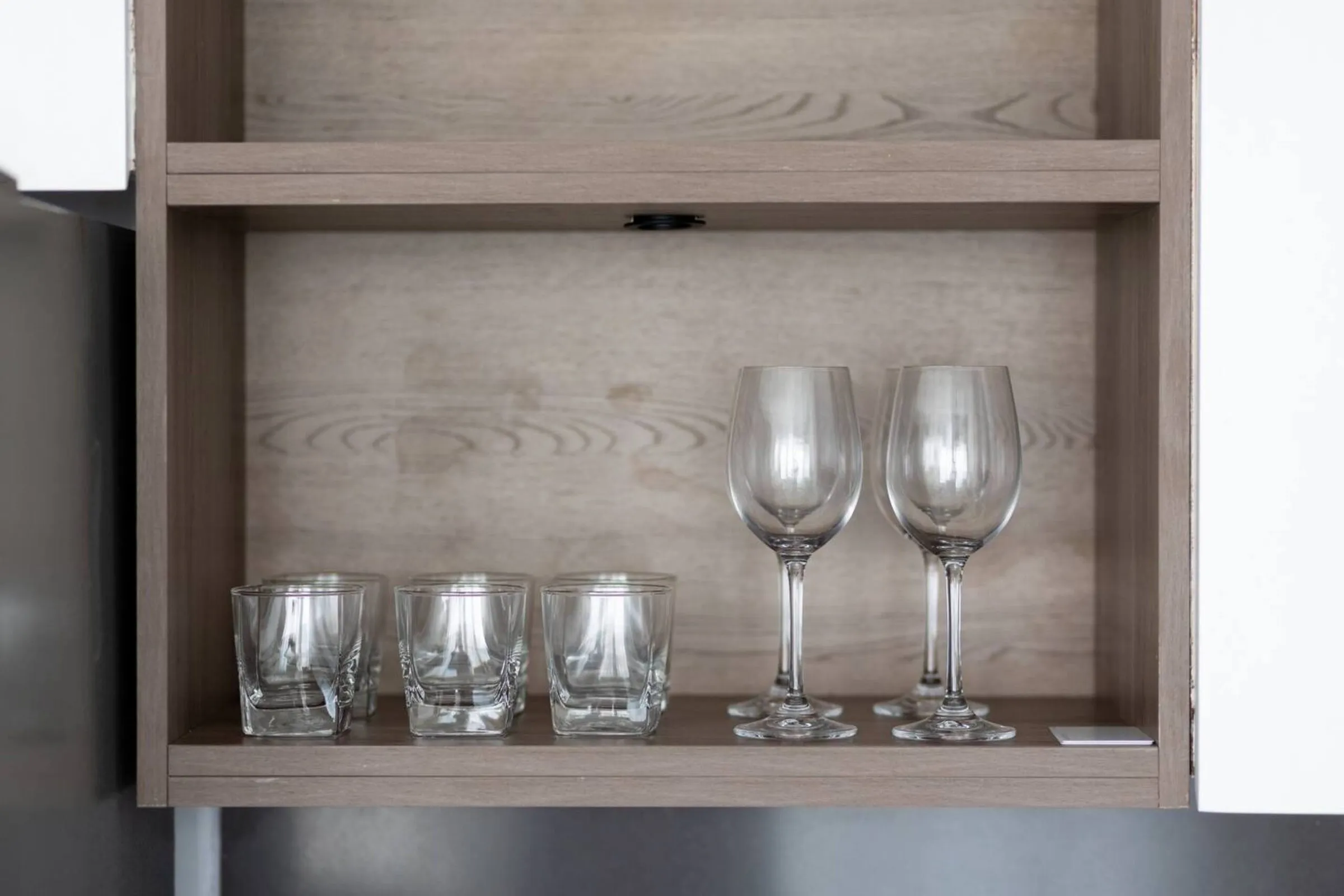 Oak shelf with glassware